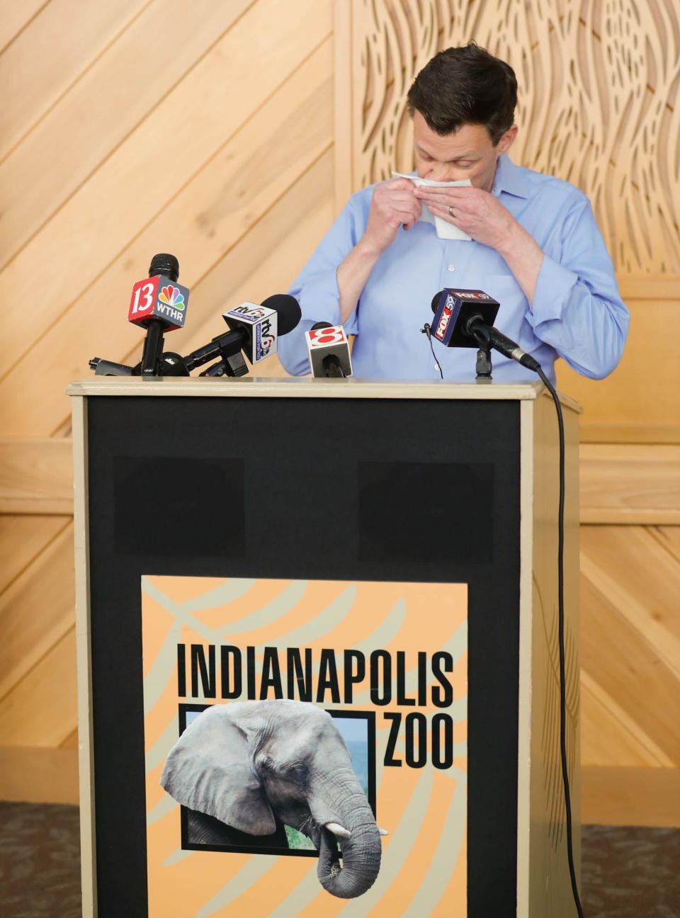 Indianapolis Zoo President Rob Shumaker holds an emotional press conference after two of the zoo's youngest elephants, Nyah and Kalina, died of endotheliotropic herpesvirus (EEHV), Tuesday, March 26, 2019.