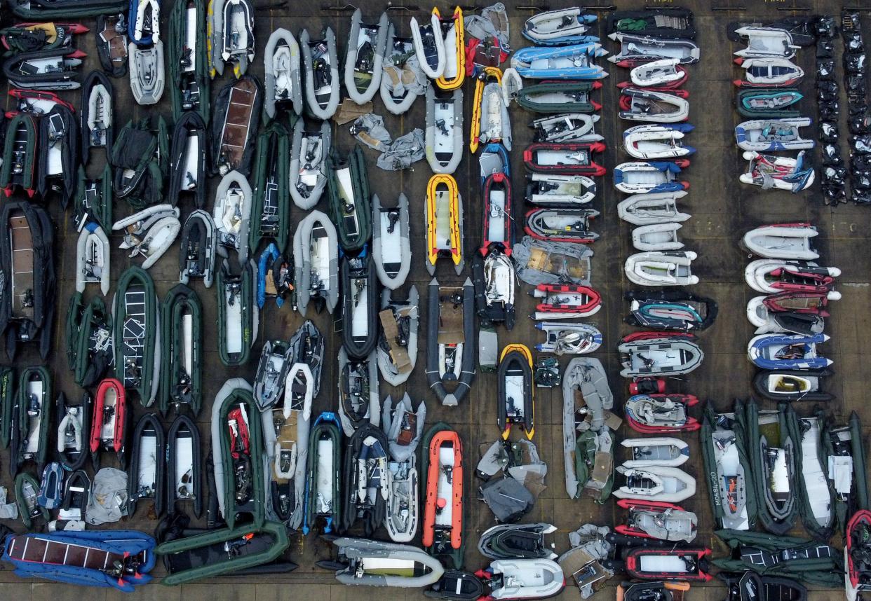 One of two areas now being used at a warehouse facility in Dover, Kent, for boats used by people thought to be migrants (Gareth Fuller/PA) (PA Wire)