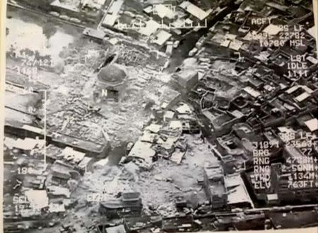 A still image taken from video shows the destroyed Grand al-Nuri Mosque of Mosul in Iraq, June 21, 2017. Iraqi Military Handout/via Reuters TV