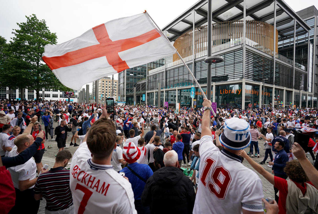 Fans arrive at Wembley ahead of the UEFA Euro 2020 round of 16 match between England and Germany at the 4TheFans fan zone outside Wembley Stadium. Picture date: Tuesday June 29, 2021.