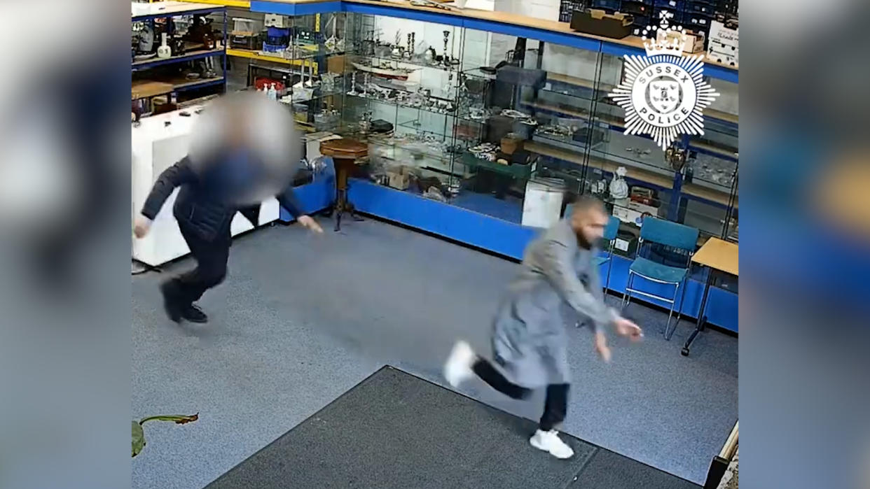 Security cameras caught the thieves sprinting out of a jewellery store with a £60k gold and diamond ring, provoking a high speed police chase. (SWNS)