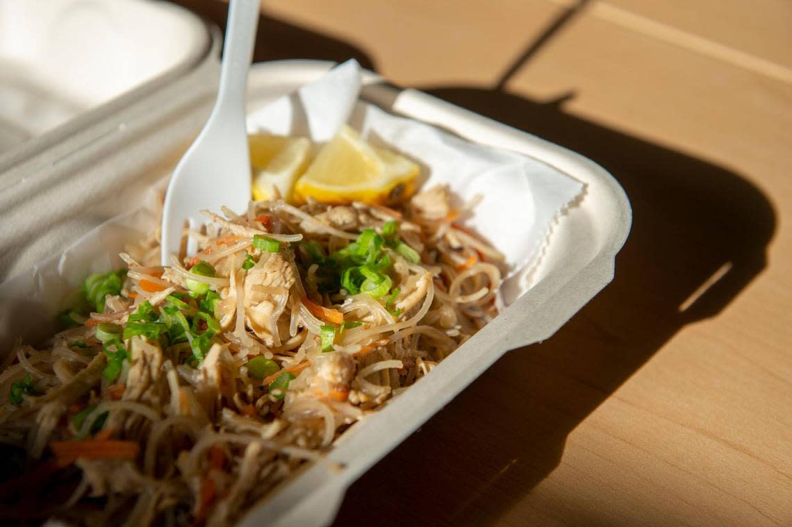 One of the entrees at the new Ting’s Filipino Bistro is pancit: shredded chicken with vermicelli noodles, vegetables and special seasoning, topped with crispy pork rinds and lemon wedges.