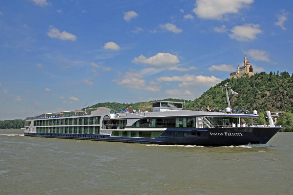 This undated image released by Avalon Waterways shows the river ship Avalon Felicity passing a castle on the Rhine River in Marksburg, Germany. The small scale of river ships, which typically carry no more than a couple hundred passengers, is a large part of their appeal, in contrast to ocean-going mega-ships that carry thousands. On a river ship, you don’t need a GPS device to figure out where the lobby or the dining room is. And there’s a sense of intimacy, with plenty of cozy moments. (AP Photo/Avalon Waterways)