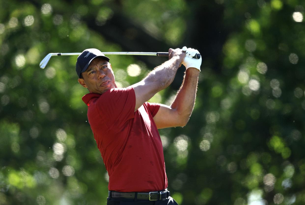 AUGUSTA, GEORGIA - APRIL 14: Tiger Woods of the United States tees off on the fourth hole during the final round of the 2024 Masters Tournament at Augusta National Golf Club on April 14, 2024 in Augusta, Georgia. (Photo by Warren Little/Getty Images)