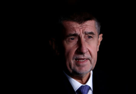 FILE PHOTO: The leader of ANO party Andrej Babis speaks to the media at Prague Castle after a meeting with President Milos Zeman in Prague, Czech Republic November 28, 2017. REUTERS/David W Cerny/File Photo