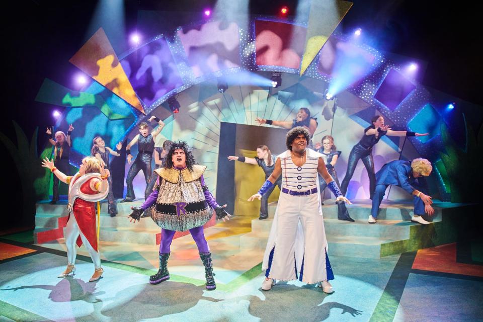 Karen Estrada, left, Rick Pendzich and Austin Nelson Jr. play the title warriors in the musical "The Legend of Rock, Paper, Scissors," performed by First Stage.