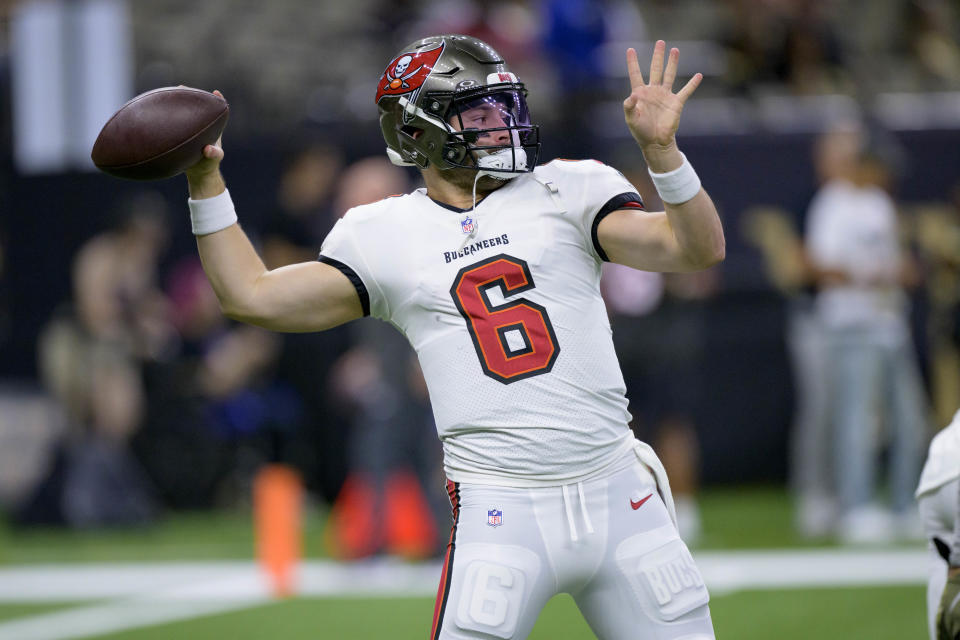 Oct 1, 2023; New Orleans, Louisiana, USA; Tampa Bay Buccaneers quarterback <a class="link " href="https://sports.yahoo.com/nfl/players/30971" data-i13n="sec:content-canvas;subsec:anchor_text;elm:context_link" data-ylk="slk:Baker Mayfield;sec:content-canvas;subsec:anchor_text;elm:context_link;itc:0">Baker Mayfield</a> (6) warms up before a game against the New Orleans Saints at Caesars Superdome. Mandatory Credit: Matthew Hinton-USA TODAY Sports