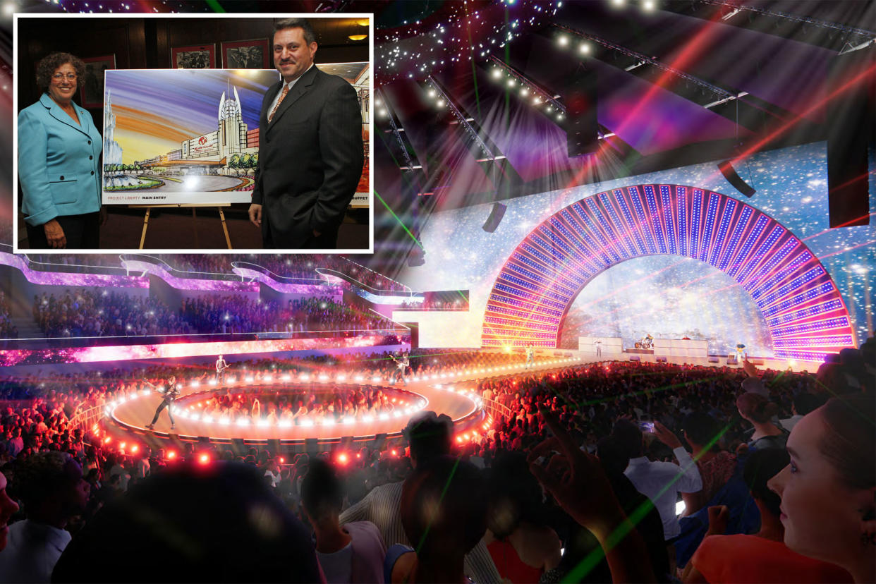 A rendering of a 7,000 seat concert hall proposed for Aqueduct Resorts World casino, with people gathered in the audience