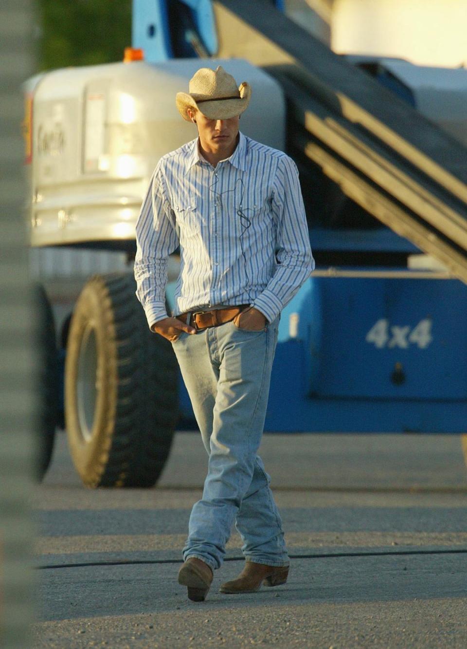 Heath Ledger on the set of Brokeback Mountain.