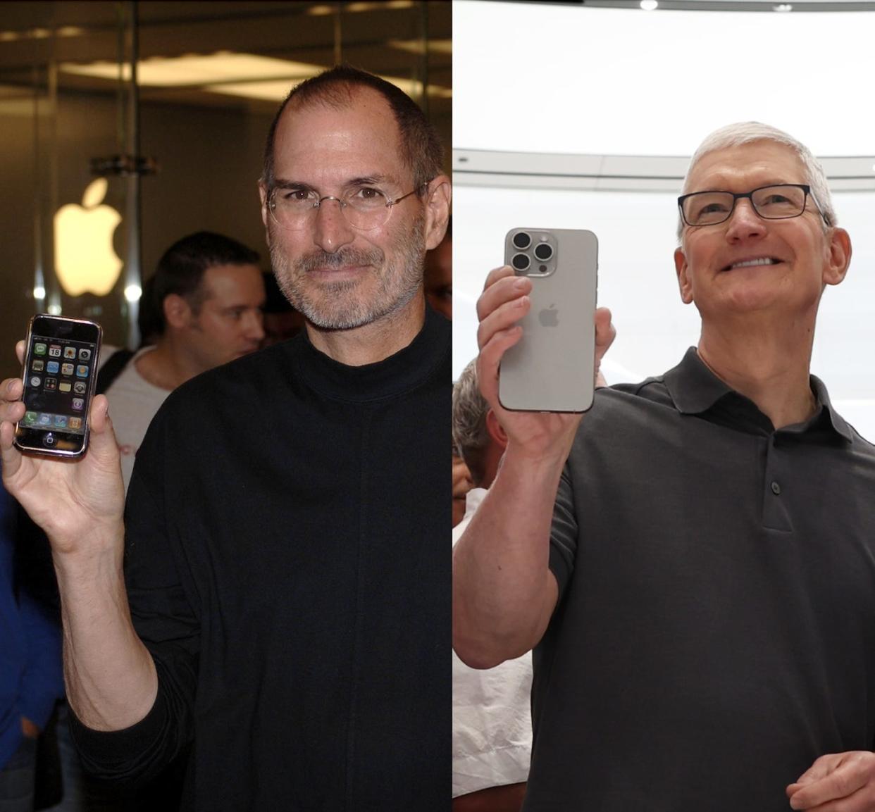 Steve Jobs holding original iPhone in 2007 nex to Tim Cook holding iPhone 15