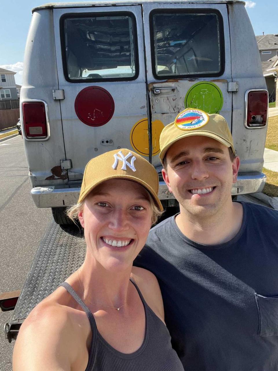 Taylor Sheets, left, and Andrew Baldwin of Austin, Texas, tracked down and purchased the van used in the Blink-182 music video for “Rock Show.” The couple, which received the van in late July, is chronicling their restoration through TikTok videos.