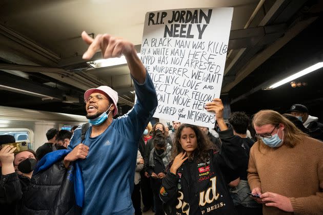 Protesters chant at a vigil in a New York subway station on May 3 in New York.