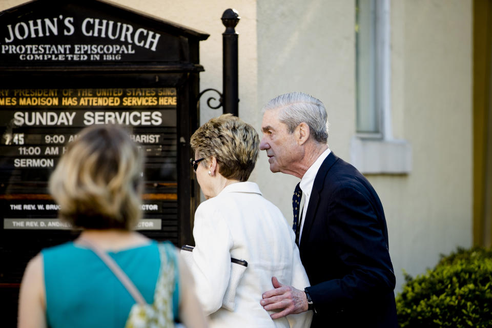 Special Counsel Robert Mueller and his wife Ann Cabell Standish arrive for Easter services at St. John's Episcopal Church, Sunday, April 21, 2019, in Washington. (AP Photo/Andrew Harnik)