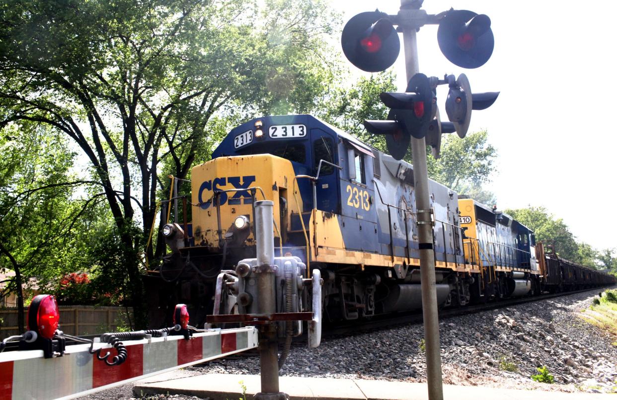 A CSX train approaches Washburn Avenue in the St. Matthews area on April 23, 2012.