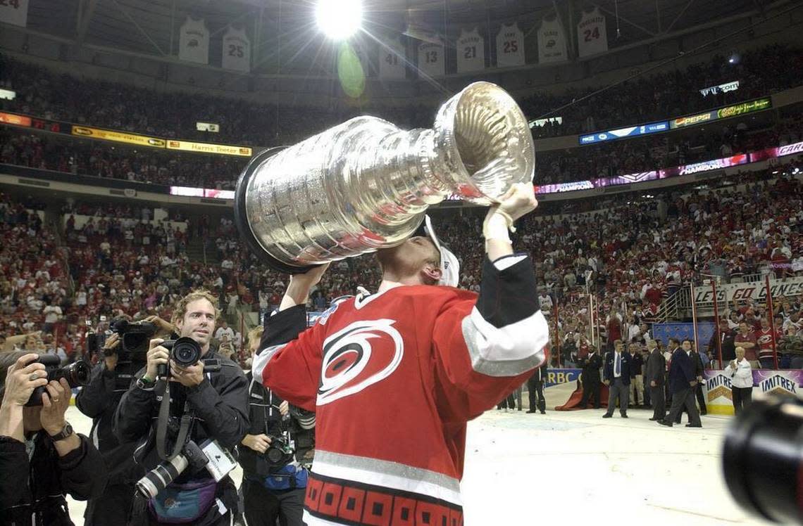 The Canes Eric Staal kisses the Stanley Cup after the Carolina Hurricanes beat the Edmonton Oilers in Game 7 of the Stanley Cup. Chris Seward/Chris Seward