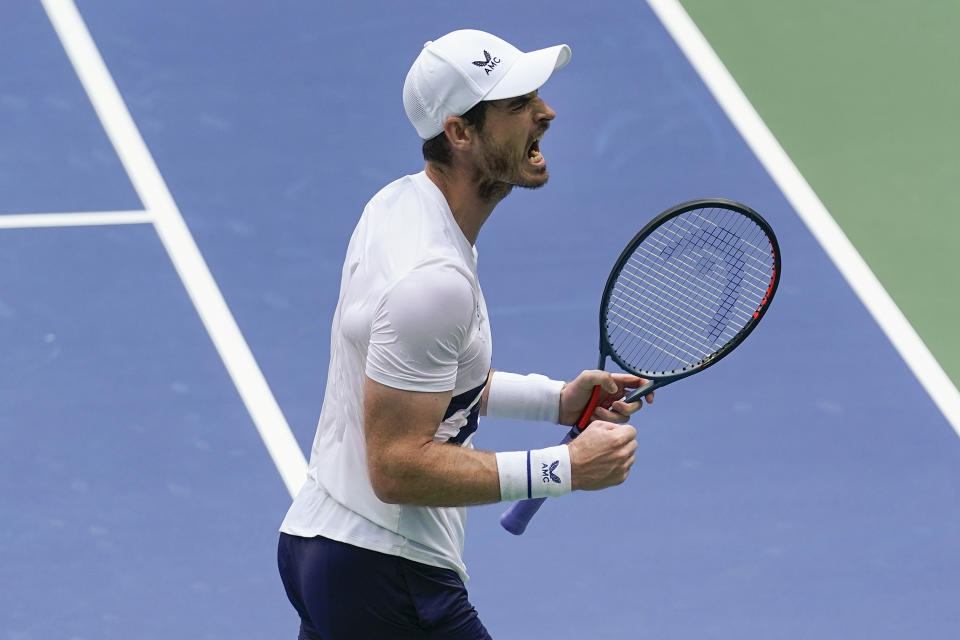 Andy Murray, of Great Britain, reacts after winning the third set against Yoshihito Nishioka, of Japan, during the first round of the US Open tennis championships, Tuesday, Sept. 1, 2020, in New York. (AP Photo/Seth Wenig)