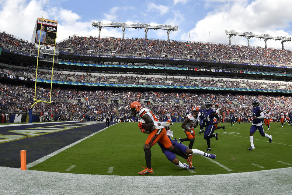 Cleveland Browns receiver Jarvis Landry was injured at the end of this play last Sunday vs. Baltimore. (AP)