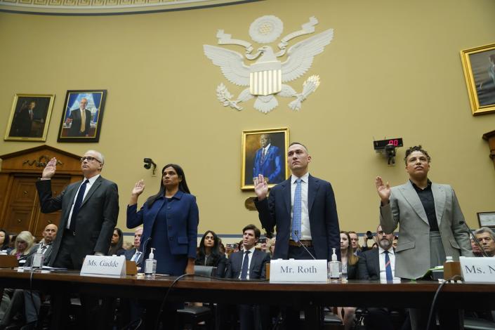 From left, James Baker, Former Deputy General Counsel at Twitter, Vijaya Gadde, Former Chief Legal Officer at Twitter, Yoel Roth
Former Global Head of Trust &amp; Safety Twitter, and Anika Collier Navaroli, a former Twitter employee, are sworn in during the House Committee on Oversight and Accountability hearing on &quot;Protecting Speech from Government Interference and Social Media Bias, Part 1: Twitter's Role in Suppressing the Biden Laptop Story,&quot; on Feb. 8, 2023 in Washington.