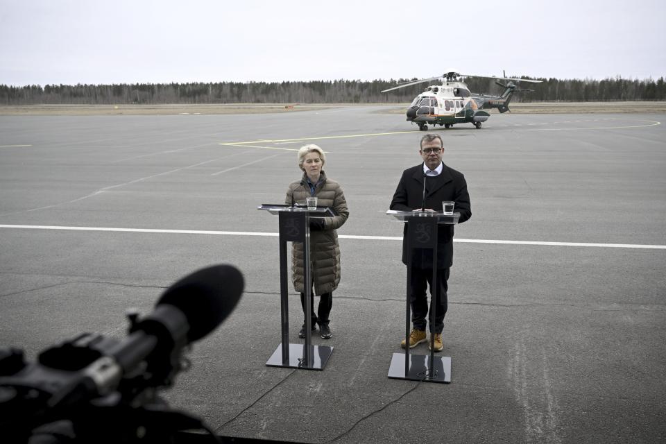 President of the European Commission Ursula von der Leyen, left, and Finnish Prime Minister Petter Orpo give a joint press conference at the Lappeenranta airport, eastern Finland, Friday April 19, 2024. President von der Leyen and Prime Minister Orpo visited the eastern border region of Finland on Friday and discussed what Finland and the EU can do to prevent instrumentalised migration to Finland's eastern border. (Antti Aimo-Koivisto/Lehtikuva via AP)