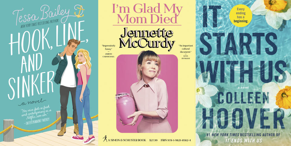 This combination of images shows book cover art for 2022 releases "Hook, Line and Sinker" by Tessa Bailey, "I'm Glad My Mom Died," a memoir by Jennette McCurdy, and "It Starts with Us" by Colleen Hoover. (Avon/Simon & Schuster/Atria via AP)