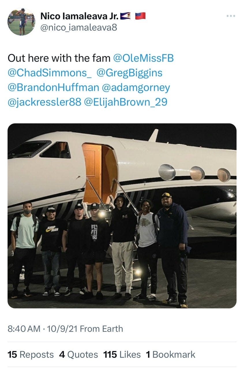 On Oct. 9, 2021, five-star quarterback Nico Iamaleava shared on social media this photo of him alongside family members in front of a small plane during a recruiting trip to Ole Miss.