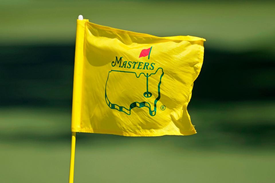 The pin flag on the second green flaps in the wind during the second round of the Masters Tournament at Augusta National Golf Club.