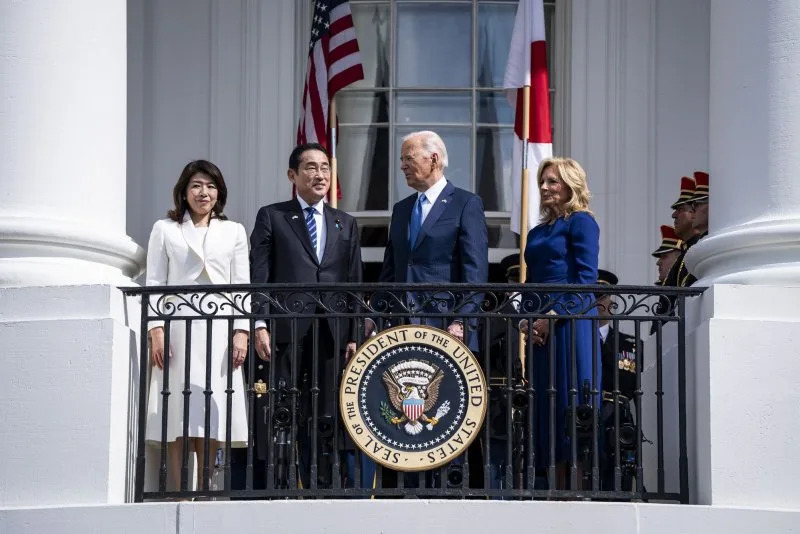 Japan's Prime Minister Fumio Kishida and his wife Yuko Kashida, (L) participates in an arrival ceremony with President Joe Biden and first lady Jill Biden (R) on the South Lawn to begin Kishida's official visit to Washington, D.C., on Wednesday. Pool Photo by Haiyun Jiang/UPI