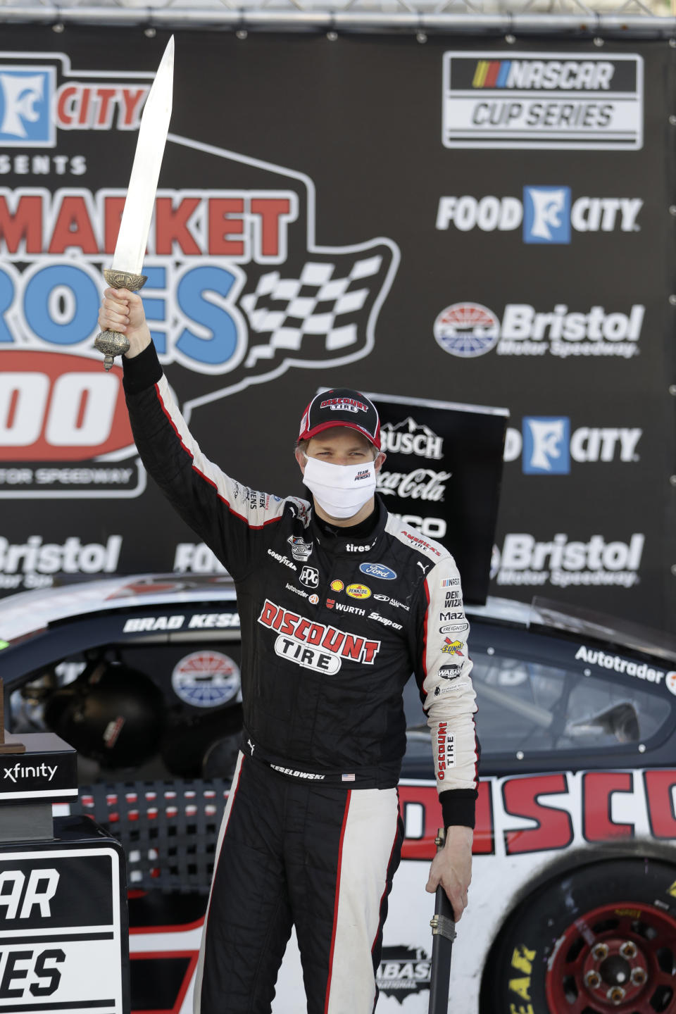 Brad Keselowski (2) celebrates after winning a NASCAR Cup Series auto race at Bristol Motor Speedway Saturday, May 30, 2020, in Bristol, Tenn. (AP Photo/Mark Humphrey)