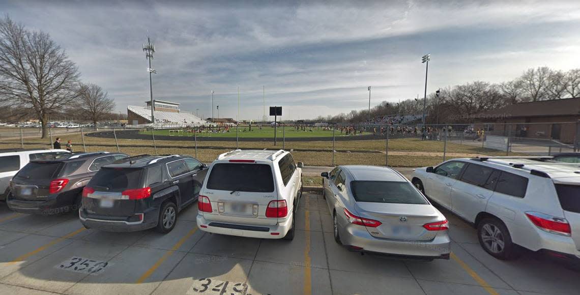 Vandals defaced the football stadium and press box at Blue Valley High School in Overland Park on Martin Luther King Jr. Day with graphic images and vulgar, racially offensive language, school officials said. This Google Maps Street View image of the stadium is from 2019.