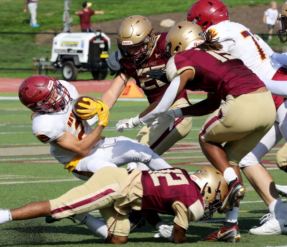 Game action during the Iona Prep vs. Cardinal Hayes football game at Iona Prep in New Rochelle, Oct. 16, 2021. Iona Prep beat Cardinal Hayes, 35-21. 