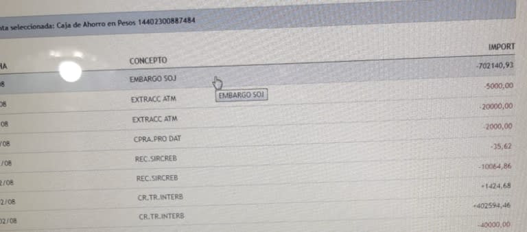 El extracto de la caja de ahorro del Banco Nación de un productor, donde figura el concepto de "embargo SOJ"