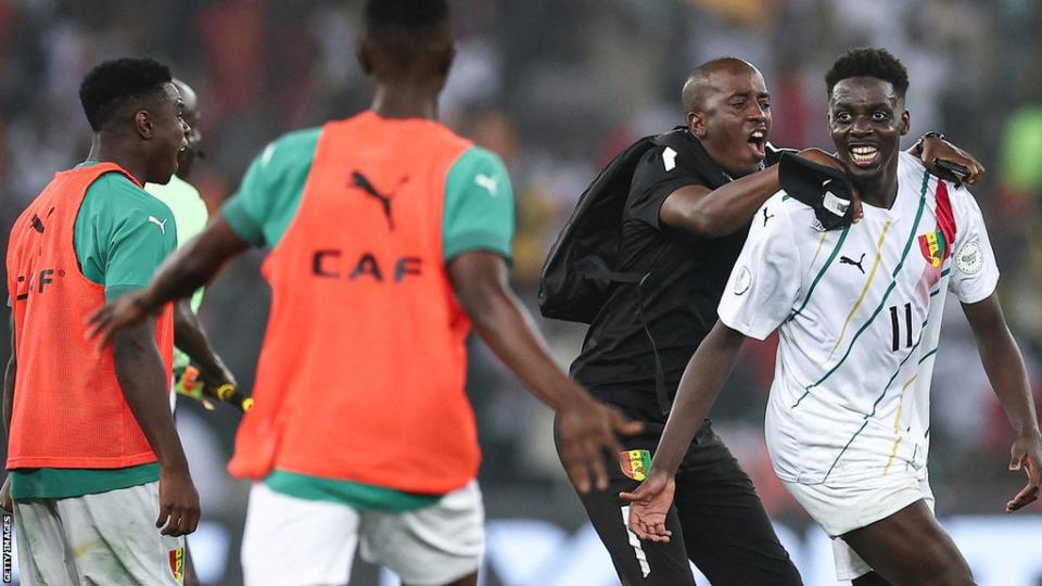 Mohamed Bayo (right) celebrates scoring for Guinea against Equatorial Guinea