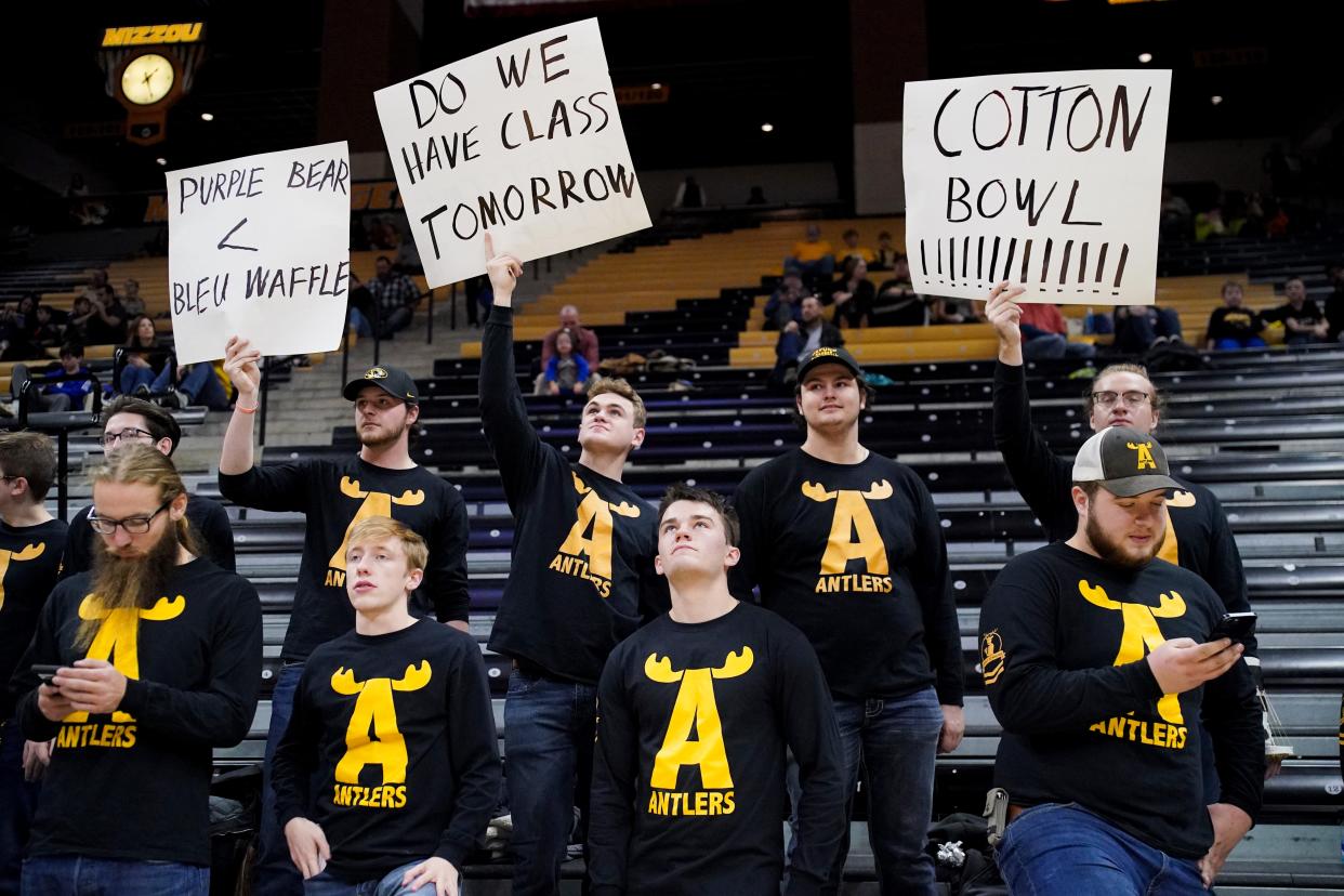 Dec 30, 2023; Columbia, Missouri, USA; The Missouri Tigers student fan group, The Antlers, show support prior to a game between the Missouri Tigers and Central Arkansas Bears at Mizzou Arena. Mandatory Credit: Denny Medley-USA TODAY Sports