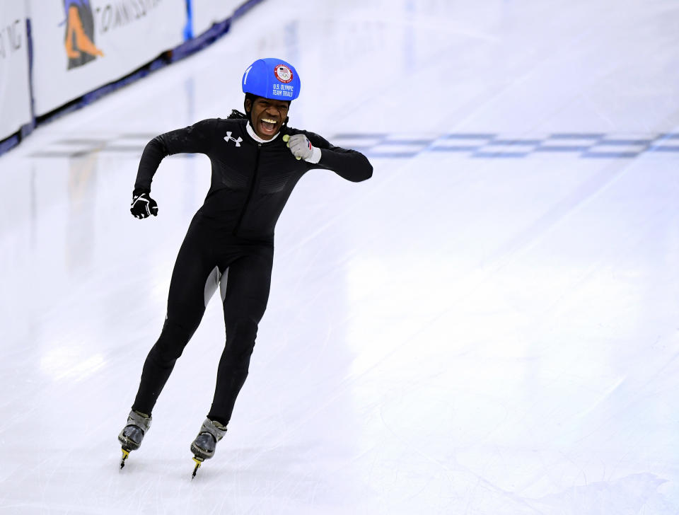 Maame Biney #1 celebrates victory in the Women's 500 Meter A Final for a spot on the Olympic team during the 2018 U.S. Speedskating Short Track Olympic Team Trials at the Utah Olympic Oval on December 16, 2017 in Salt Lake City, Utah.