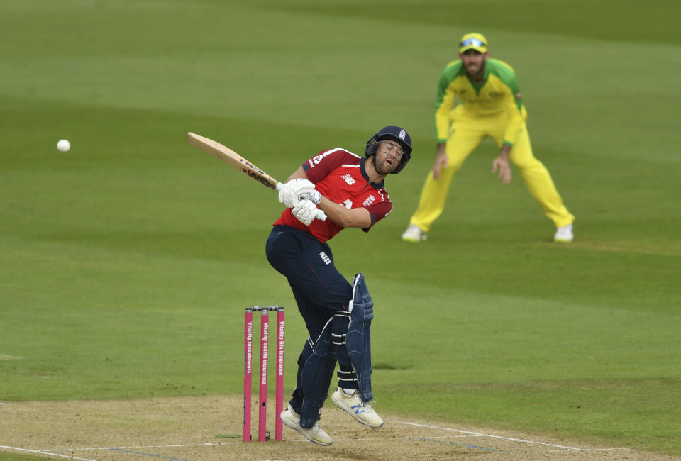 England's Dawid Malan bats during the second Twenty20 cricket match between England and Australia, at the Ageas Bowl in Southampton, England, Sunday, Sept. 6, 2020. (Dan Mullan/Pool via AP)