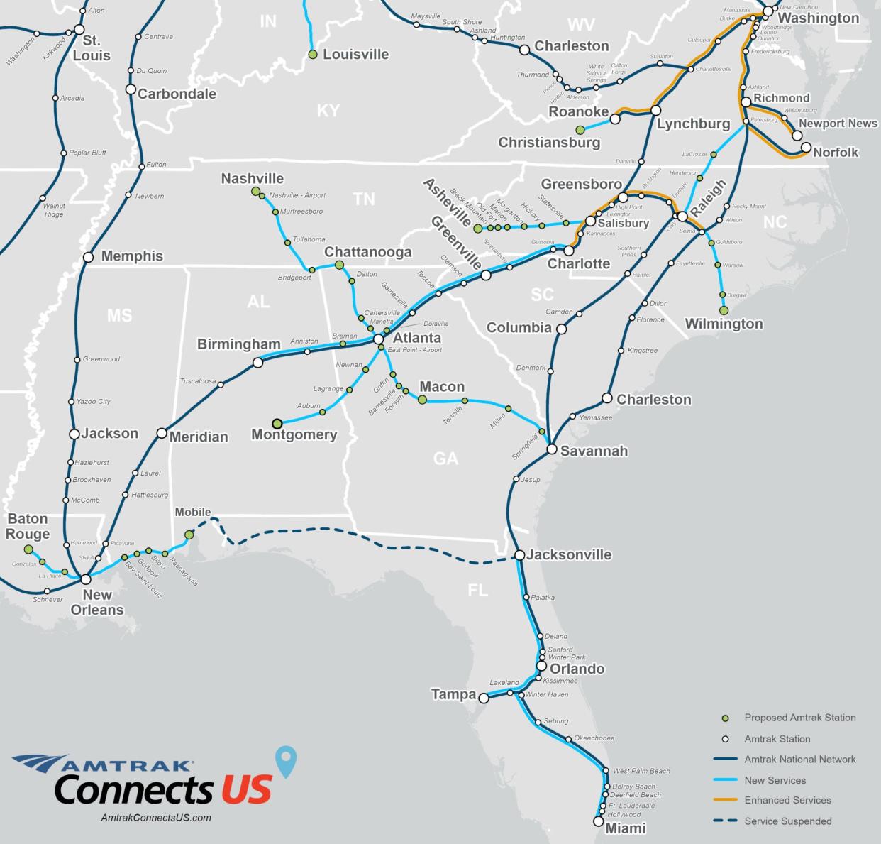 Amtrak's proposed routes for expansion into the South. They include new passenger rail stops in Nashville, Chattanooga as well as Memphis.