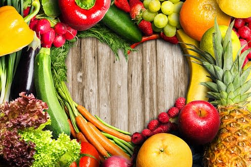 <span class="caption">Some people turn to a vegan diet in the hopes it will benefit their heart health.</span> <span class="attribution"><a class="link " href="https://www.shutterstock.com/image-photo/vegetables-fruit-heart-shaped-243483301" rel="nofollow noopener" target="_blank" data-ylk="slk:lassedesignen/ Shutterstock;elm:context_link;itc:0;sec:content-canvas">lassedesignen/ Shutterstock</a></span>