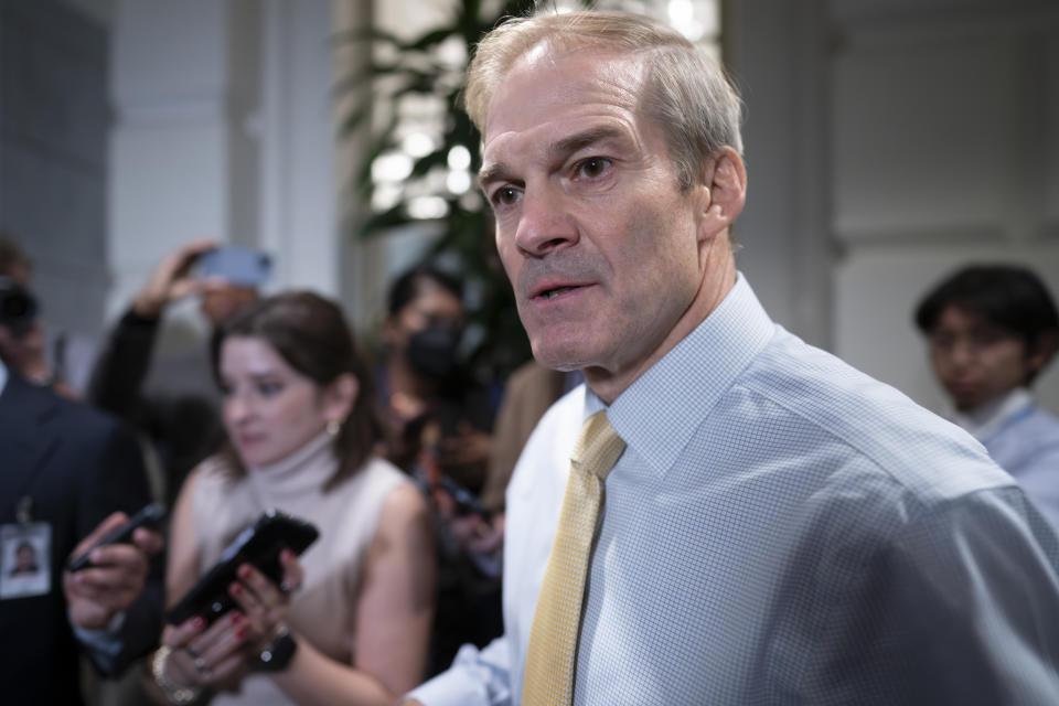 Rep. Jim Jordan, R-Ohio, who failed in a crucial second ballot yesterday to become Speaker of the House, talks to reporters as he leaves a closed meeting of the Republican Conference, at the Capitol in Washington, Thursday, Oct. 19, 2023. (AP Photo/J. Scott Applewhite)