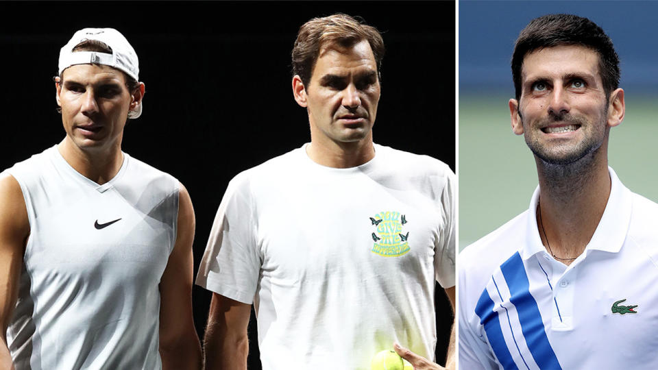 Novak Djokovic (pictured right) looking frustrated and Roger Federer and Rafa Nadal (pictured left together) playing doubles.