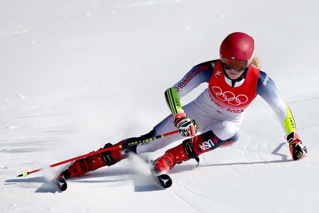 Mikaela Shiffrin competes during the mixed team parallel. (Photo: Tom Pennington via Getty Images)