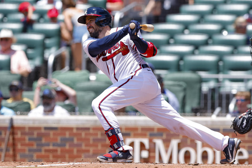 Atlanta Braves' Travis d'Arnaud hits an RBI single in the second inning of a baseball game against the San Francisco Giants, Thursday, June 23, 2022, in Atlanta. (AP Photo/Todd Kirkland)