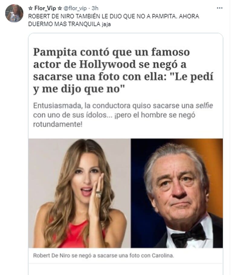 La mujer rechazada por Robert De Niro recordó cuando Pampita recibió una negativa del actor (twitter @flor_vip/)