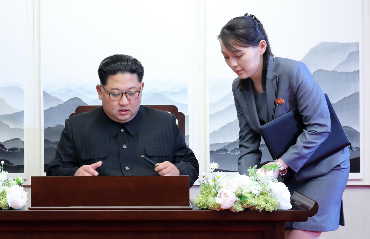 Kim Jong Un and his sister Kim Yo Jong during the inter-Korean summit at the Peace House inside the truce village of Panmunjom in the Demilitarized Zone (DMZ) in Paju South Korea in 2018. (Inter-Korean Summit Press Corps/Pool via Bloomberg via Getty Images)