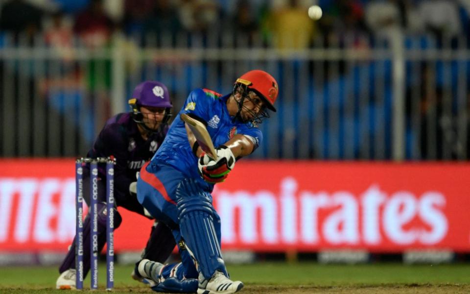 Afghanistan's Hazratullah Zazai plays a shot during the ICC mens Twenty20 World Cup cricket match - AFP