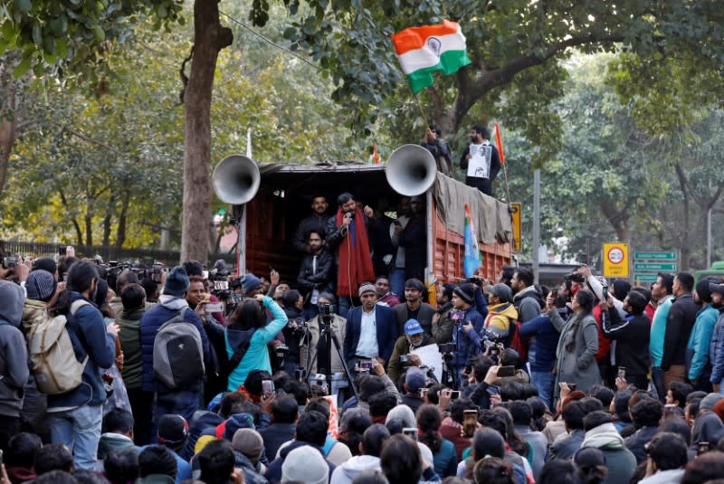 India's left-wing youth leader Kanhaiya Kumar addresses people during a protest against the attacks on the students of Jawaharlal Nehru University, in New Delhi