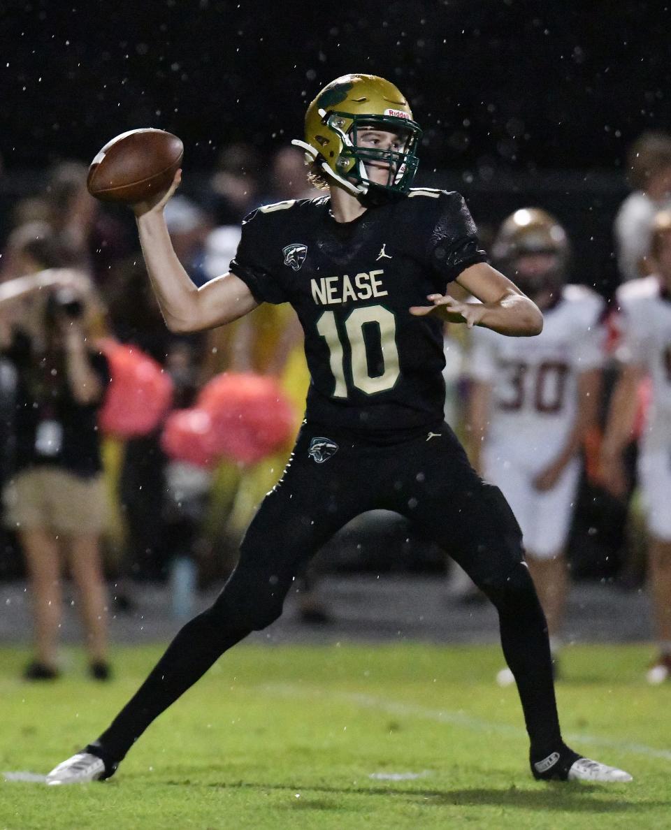 Nease quarterback Bryce Frick throws a pass. The Panthers lead District 4-4S, but must defeat Tocoi Creek Friday to clinch the district.