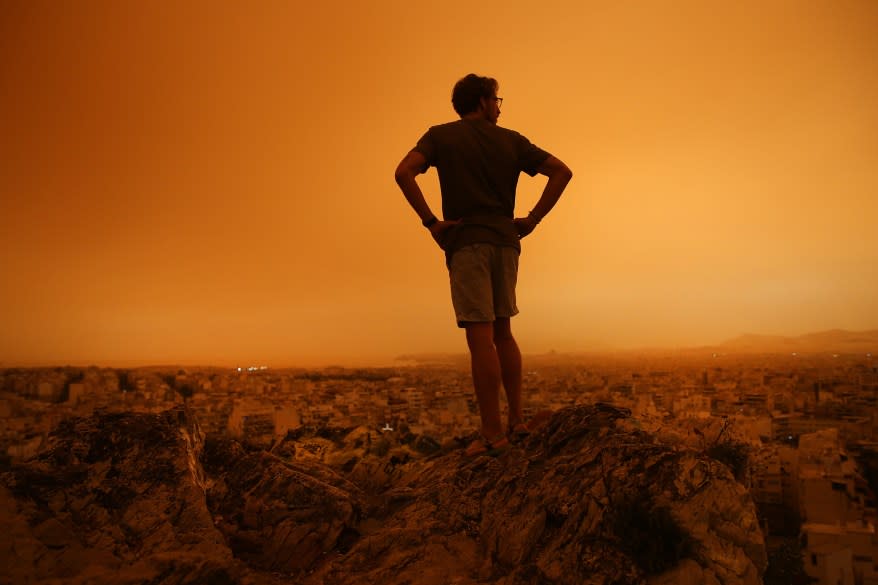 A dust cloud from the Sahara Desert in Africa covers the Acropolis on April 23, 2024 in Athens, Greece.