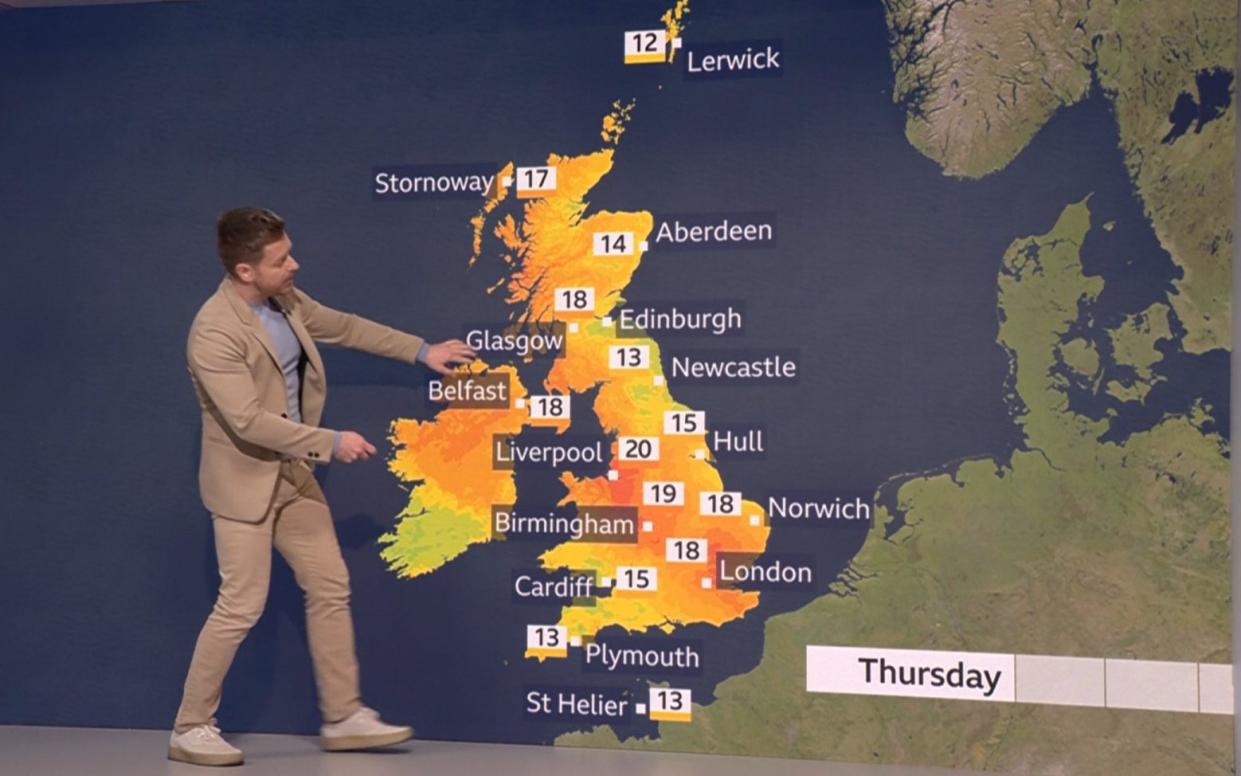 A weather forecast on Tuesday night showed most of the country yellow and orange for Wednesday when temperatures were predicted to hit as high as 20C