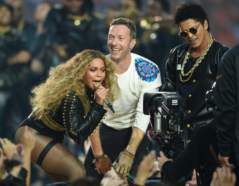 Chris Martin shared the stage with Beyoncé and Bruno Mars when Coldplay headlined the Super Bowl half-time show in 2016. (Timothy A. Clary/AFP/Getty)