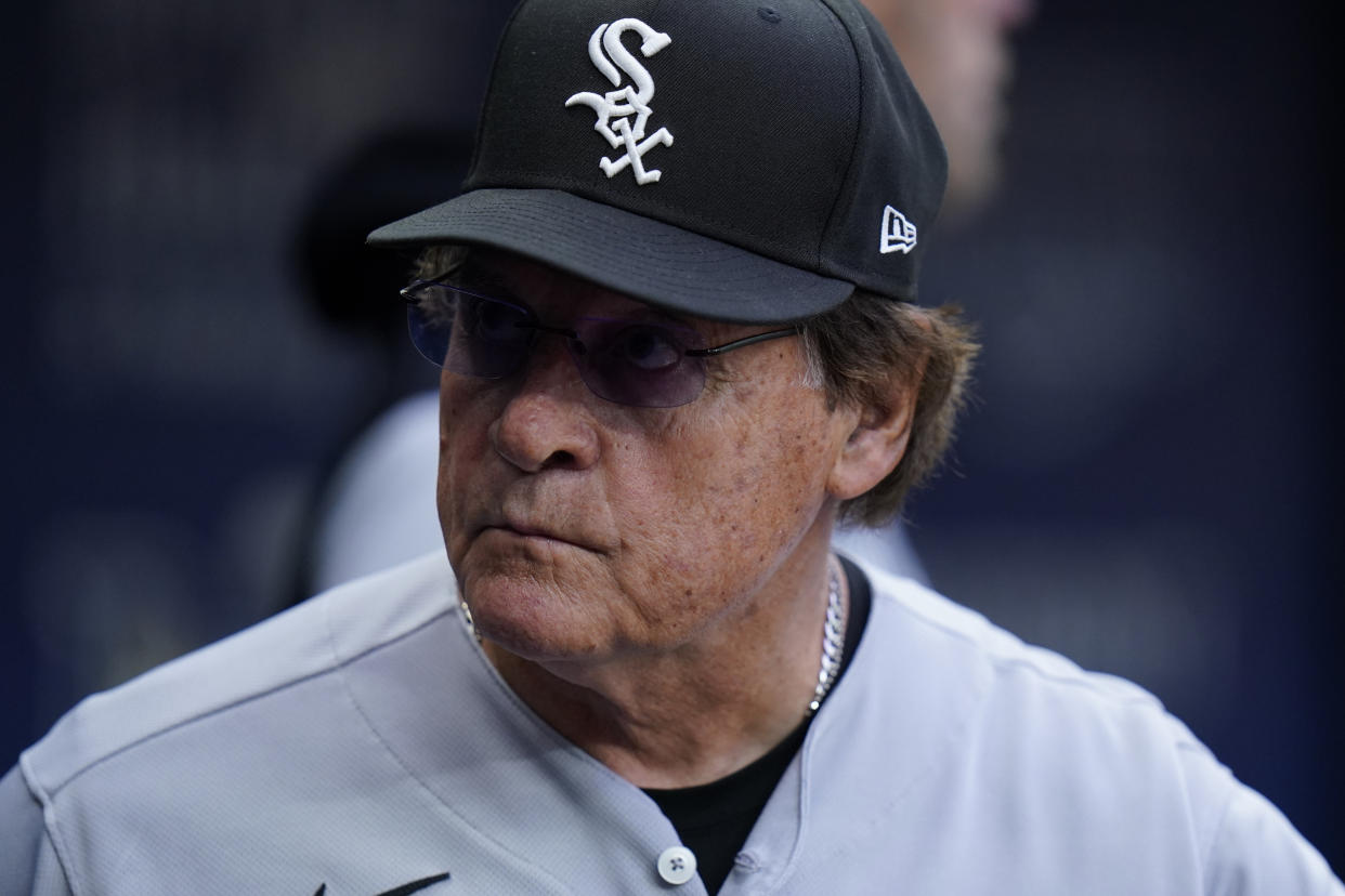 Chicago White Sox manager Tony La Russa during the first inning of a baseball game against the Tampa Bay Rays Saturday, June 4, 2022, in St. Petersburg, Fla. (AP Photo/Chris O'Meara)
